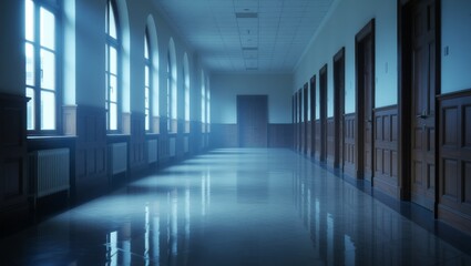 Fototapeta premium Calm empty hallway with arched windows and polished floor