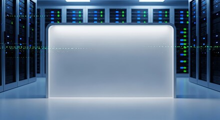 A server room with multiple servers and a blank white sign in the center.