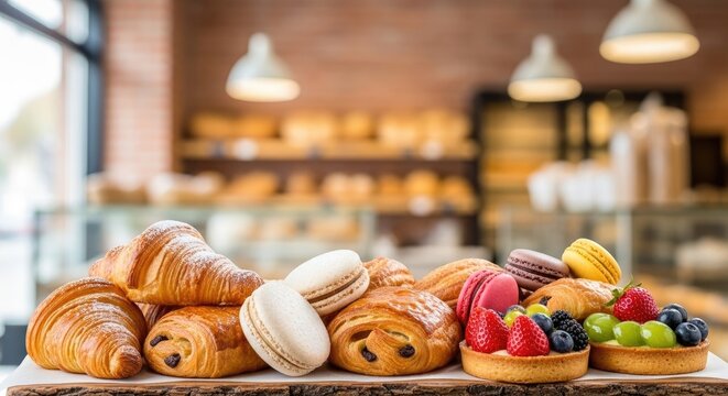 A variety of pastries and fruits on a wooden tray in a bakery setting.