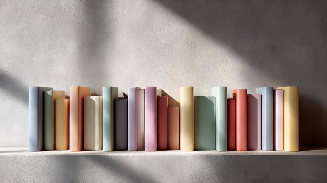 Colorful Books Lined Up on a Shelf with Sunlight and Shadows.
