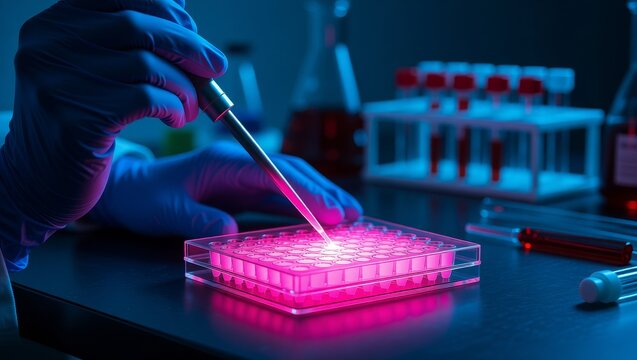 Gloved hand pipetting microplate in lab