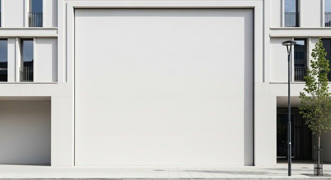 A large, white, rectangular garage door with a black frame, partially open, revealing a glimpse of the building behind it.