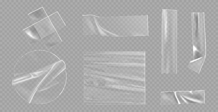 Transparent adhesive plastic tape pieces and cross for fixing isolated on transparent background. Crumpled adhesive plastic