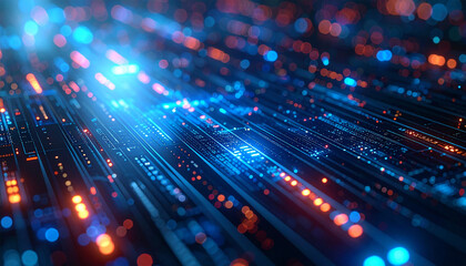 Digital Data Flow: An artistic representation of data streaming across a digital landscape, evoking the intricate connections and boundless possibilities of the modern technological era.