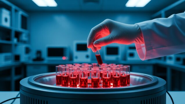 Gloved hand handling test tube with red liquid in lab
