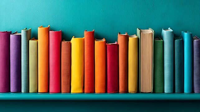 Colorful Bookshelf with Vibrant Spines Against a Teal Wall.