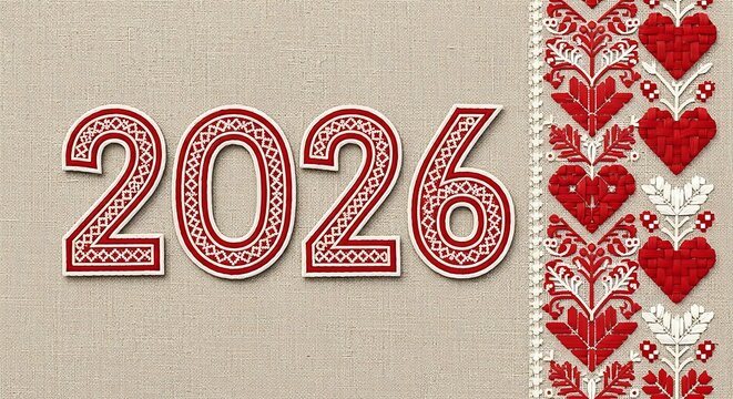Folkloric 2026 Image with Decorative Numbers and Heart-Shaped Floral Border