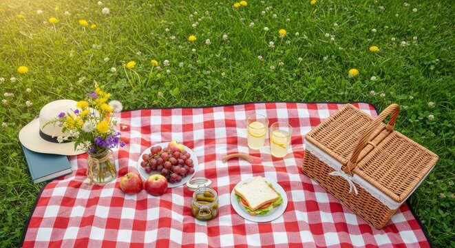 A picnic basket filled with food and drinks on a red and white checkered blanket on a grassy field with dandelions.