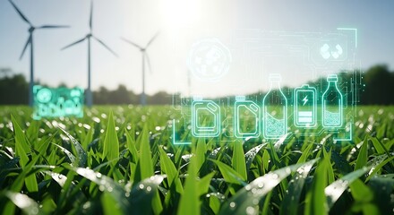 Futuristic concept of sustainable energy and recycling technology overlaid on a bright green field with wind turbines in the background during a sunny day