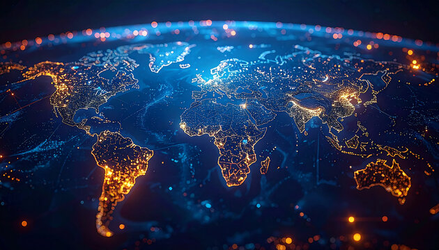 Global Connectivity: Illuminated network of interconnected data streams traversing the Earth. A dynamic view of technological integration and expansive international communication.