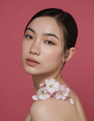 Elegant Portrait of Woman with Cherry Blossoms on Pink Background