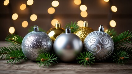 Silver and gold Christmas ornaments with pine branches and festive lights