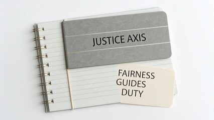 Notepad with Justice Axis Concept Highlighting Fairness, Guidance, and Duty in Legal and Ethical Perspectives
