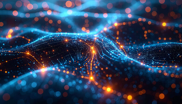 Digital Flow: A mesmerizing display of interconnected digital dots and flowing lines in shades of blue and orange, representing the intricate network of data and technology in the digital age.