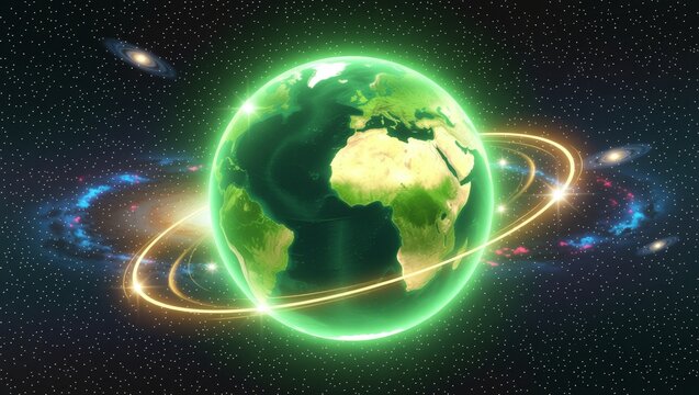 Green Earth with glowing rings in cosmic space - Powered by Adobe