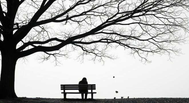 Solitary figure sitting under a majestic tree contemplates life's journey in black and white serenity