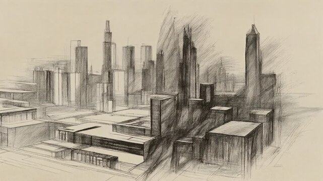 Faint conceptual graphite sketch of a futuristic city with realistic perspective on textured paper, ideal for AI urbanism and futurism topics.
