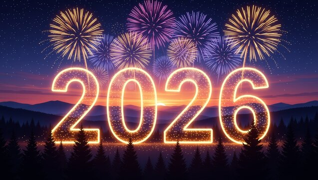 2026 New Year fireworks over mountain sunset - Powered by Adobe