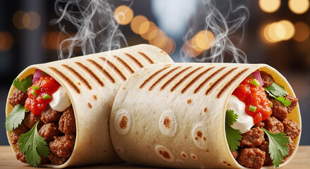 Burrito street-food style illustration with diagonal wrap lines, rising steam, and bold filling accents representing flavorful handheld cuisine