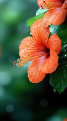Close-up of an orange hibiscus flower with water droplets on the petals and green leaves, set against a blurred green background. The image evokes a sense of fr