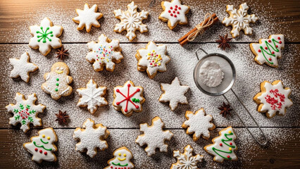 Christmas cookies decorated with icing sugar on wooden table top view for holiday baking concept