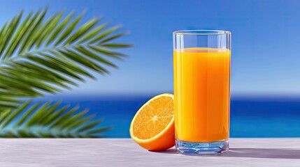 A tall glass of orange juice and a half orange sit on a light-colored table. In the background, a blurred palm frond is visible against a bright blue sky and oc