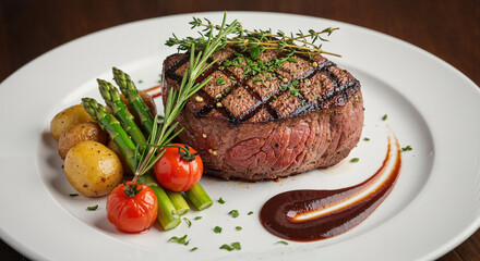 Grilled alpaca steak with herbs and roasted vegetables realistic fine dining photography in warm rich tones representing gourmet cuisine