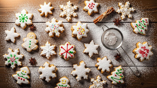 Christmas cookies decorated with icing sugar on wooden table top view for holiday baking concept