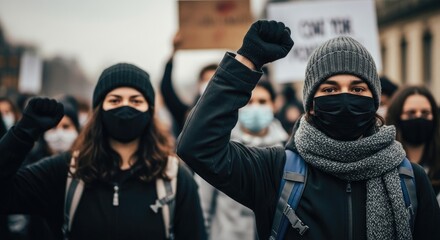 Two women in black face masks and black jackets, one with a backpack, raising their fists in solidarity at a protest.
