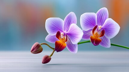Close-up of two purple orchid flowers with buds, set against a soft, blurred background, creating a serene and elegant composition.