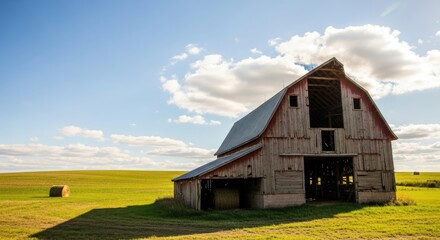 Obraz premium An old, weathered barn with a red roof and white walls, surrounded by a green field with a few bales of hay.