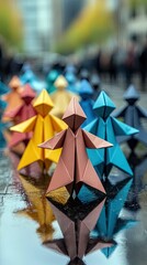 A group of colorful origami figures are standing in a row on a wet pavement. The figures are reflected in the water, and the background is blurred.