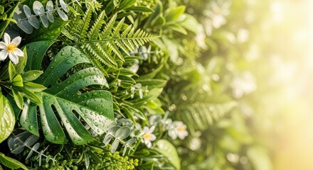 A lush green wall with various plants and flowers, including ferns and white flowers, with a sunlit background.