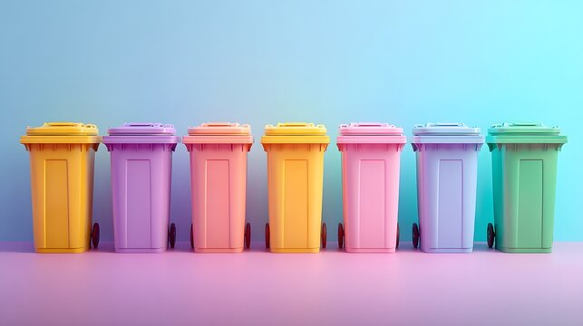 Colorful Recycling Bins Lined Up Against a Blue and Purple Background.