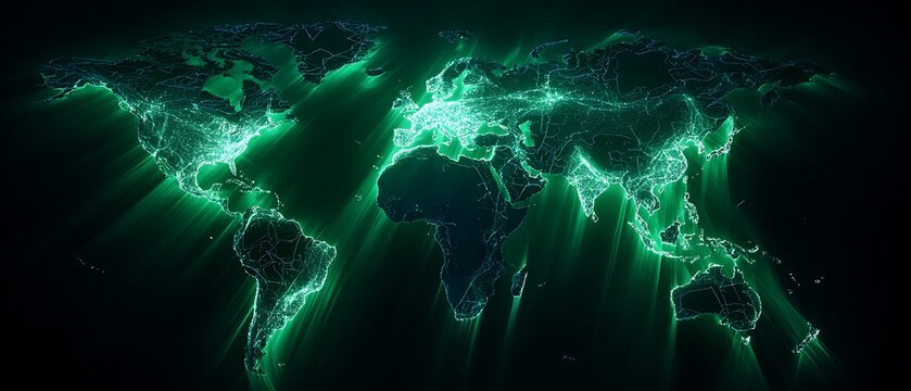 The emerald green lines connecting the continents give a Tech + Premium feel mixed with nature, looking expensive and selling well at Corporate Tech events. - Powered by Adobe