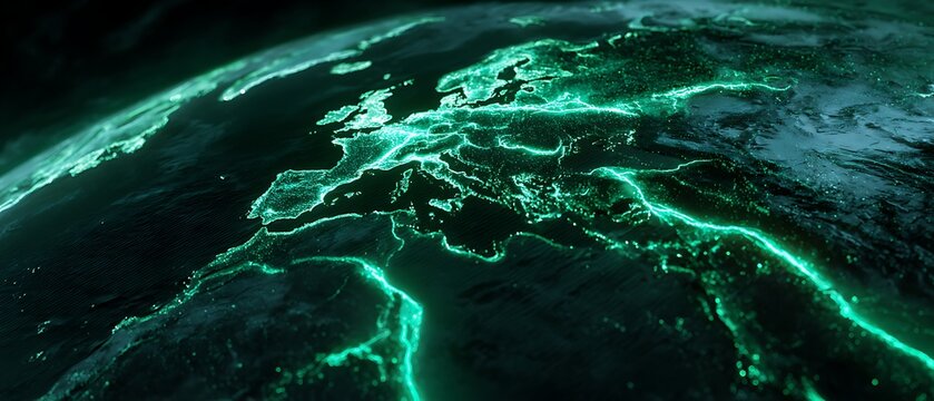 The emerald green lines connecting the continents give a Tech + Premium feel mixed with nature, looking expensive and selling well at Corporate Tech events.