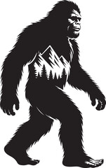 Bigfoot silhouette with mountain and forest interior