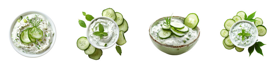 Variations of Tzatziki Sauce in Ceramic Bowls Surrounded by Cucumbers