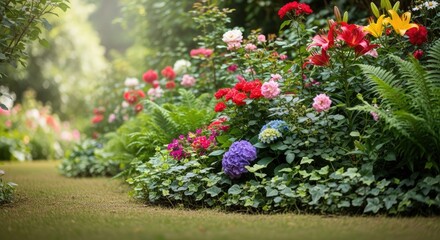 A vibrant garden with a variety of colorful flowers and greenery.