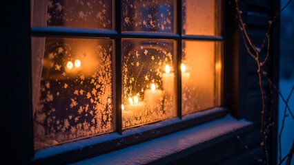 Cozy winter window scene with candles and frost, a warm holiday glow in a snowy christmas night home