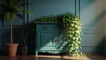 Teal cabinet with trailing plants and potted palm in sunlit room