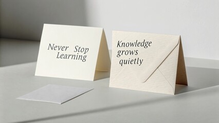 Inspirational note cards with motivational quotes about learning and knowledge on a minimalistic background