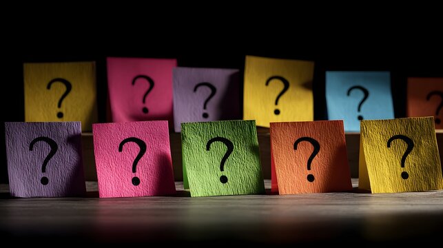 Colorful sticky notes with question marks on a dark background.