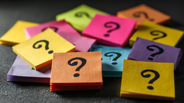 Colorful sticky notes with question marks scattered on a dark surface, symbolizing confusion and inquiry.