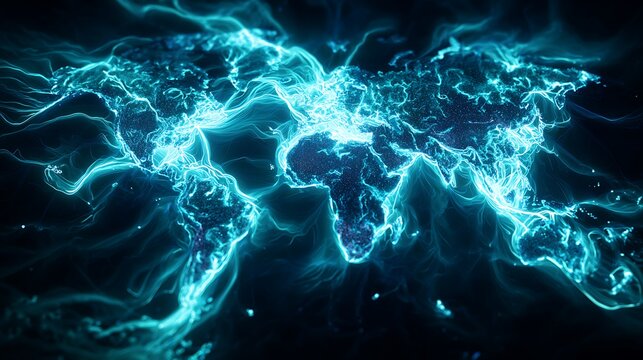 The world map is connected by glowing quantum energy lines, transforming the world into a futuristic matrix structure. Suitable for fintech, technology and global business.