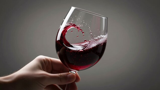 Hand holding wine glass with swirling red wine