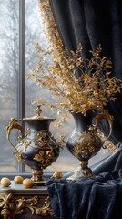 Two ornate vases with golden embellishments and foliage are displayed on a table near a window, with a dark curtain and moody lighting.