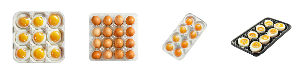 Variety of Chicken Eggs in Different Preparations Displayed in Multiple Containers