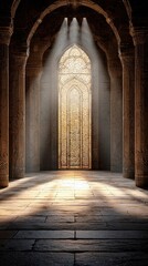 An interior shot of an ancient hallway with an ornate window at the end, bathed in dramatic light.