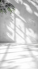 A white wall and floor are illuminated by the shadows of palm fronds, creating a minimalist and bright atmosphere.